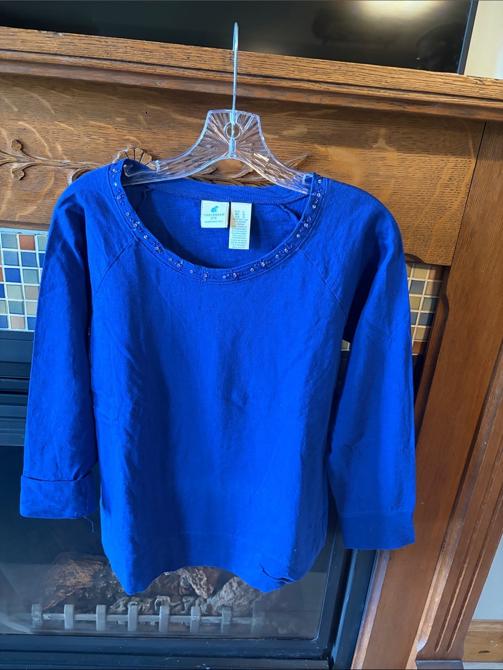 Caribbean Joe Women's Royal Blue Bead-Trim Long Sleeve Tee